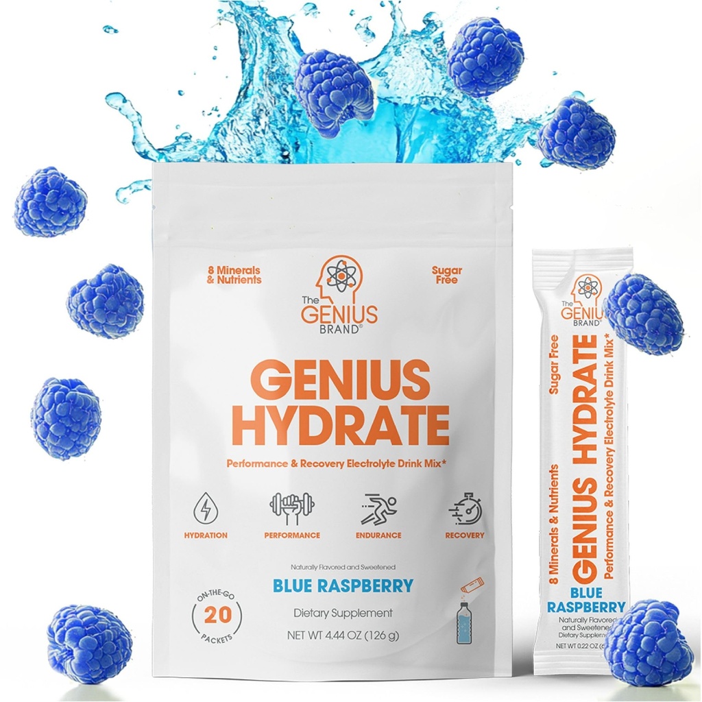 Genius Brand - Genius Hydrate Stick Pack Powder Drink Mix - Blue Raspberry Flavor, Natural Electrolyte Booster med Coconut Water & Potassium för Ultimate Hydration - 20 Packets