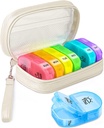 Söt Pill Organizer 2 gånger om dagen, PU Leather Pill Case för kvinnor, Portable Weekly Pill Box för handväska med lagringsväska för att hålla vitaminer, mediciner, fiskoljor, tillskott (Beige)