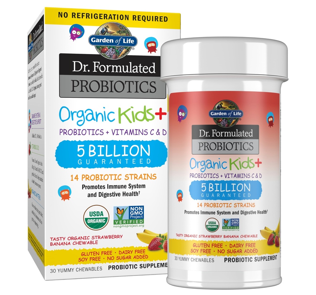 Garden of Life Kids Probiotics, Dr Formulerad Probiotika Organic Kids+ Vitamin C & D, Strawberry Banana, Gluten Dairy & Soy Free Immune & Digestive Health Supplement, 30 Chewables (Shelf Stable)