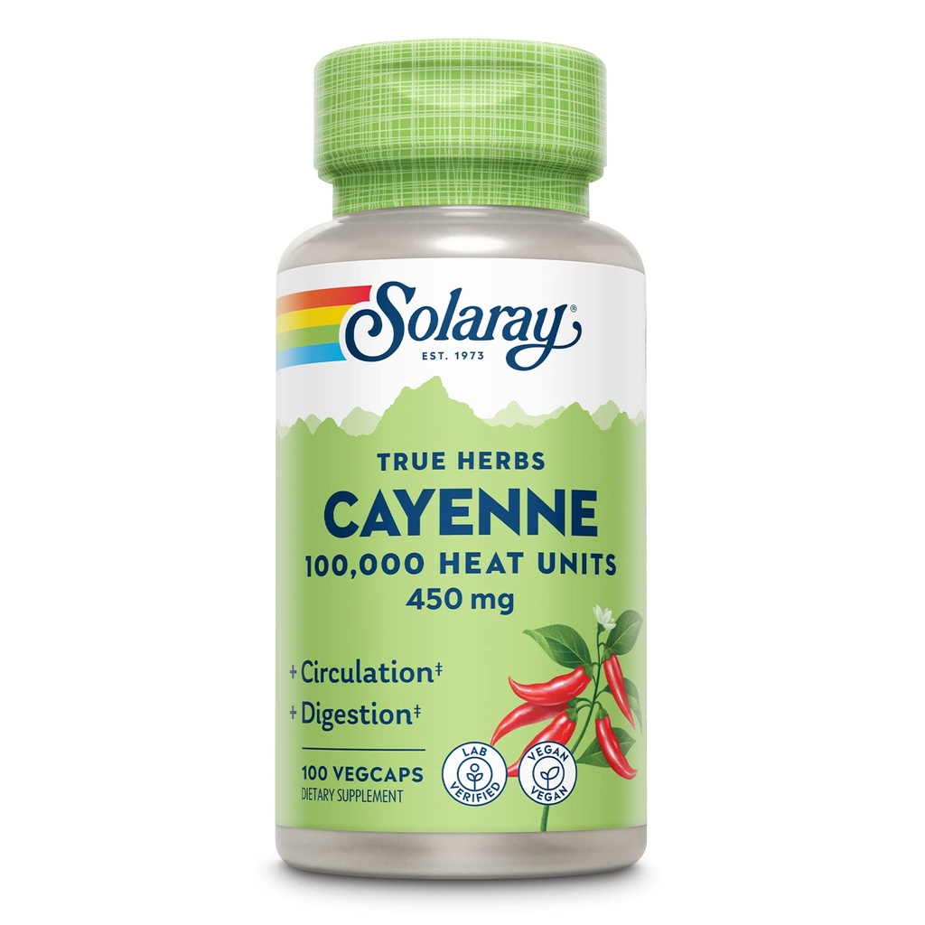 SOLARAY Cayenne Pepper 450 mg | 100 000 värmeenhet | Hälsosam matsmältning, cirkulation, metabolism och kardiovaskulärt stöd | Icke-GMO | 100 VegCaps