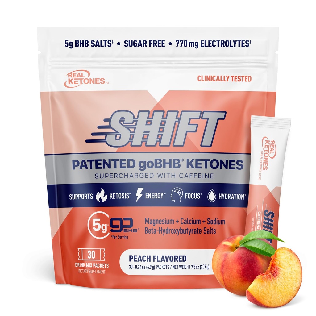 Real Ketones BHB Exogena Ketones Drink Mix Packets Keto Electrolytes Powder Packets No Sugar med 4 Huvud Fasting Electrolytes Plus Hydrating Patented Keto BHB - 30 Count Peach Caffeine