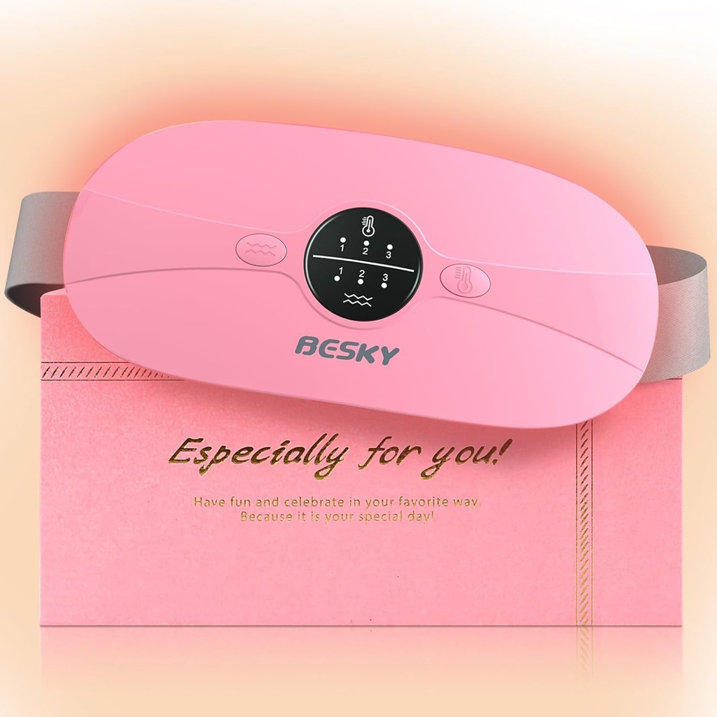 Besky Heating Pad for Period Cramps, Cordless Menstrual Heating Pad, Heating Pads med 3 värmenivåer och 3 Massage Modes, för Back eller Period Pain Relief, Bästa gåvor för henne, kvinnor och tjej (rosa)