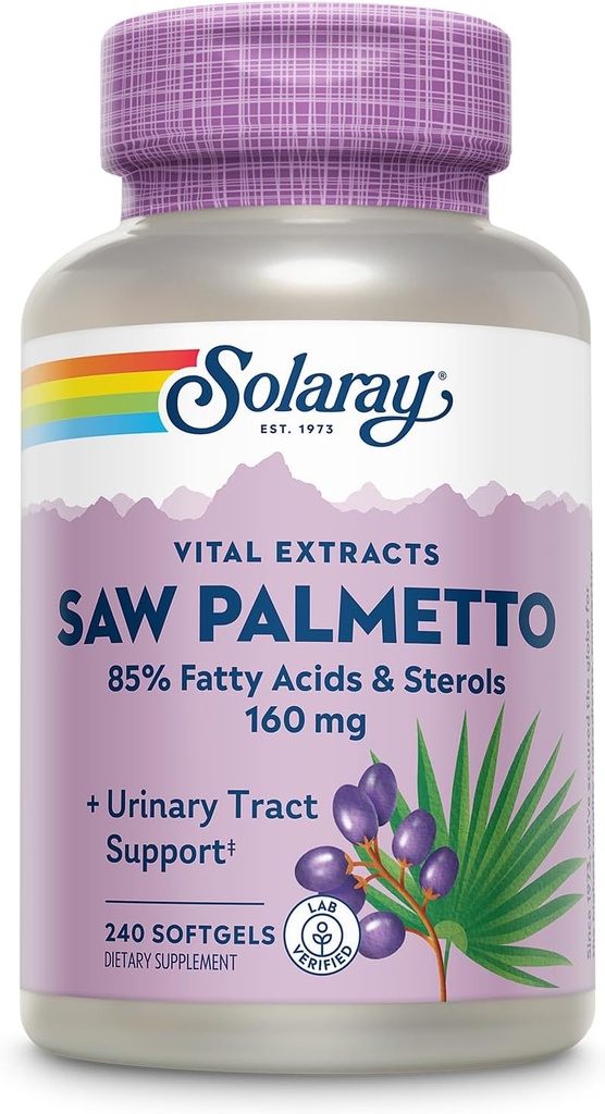 SOLARAY Saw Palmetto Extract - Prostate Health and Urinary Tract Support - 136 mg Fatty Acids and Sterols - Lab Verified, 60-Day Money-Back Guarantee (240 portioner, 240 Softgels)