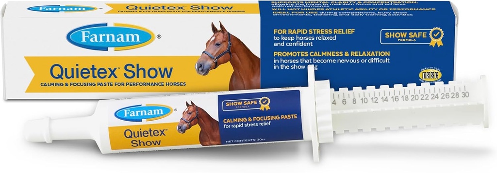 Farnam Quietex Show Calming & Focusing Paste hjälper till att hålla hästar lugna och avkopplade som blir nervösa i showen Ring 30 cc