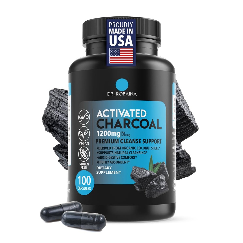 Dr Robaina Aktiverade Charcoal Capsules 1200 mg - Coconut-Shell Carbon för Gas & Bloating Relief, Digestive Comfort & Next-Morning Support - Vegan • Non-GMO - 100 Count, USA Made