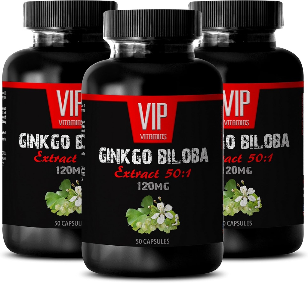 VIP VITAMINS Ginkgo biloba för tonåringar - Ginkgo Biloba Leaf 120mg - för hälsosam hjärnfunktion (3 flaskor - 150 kapslar)