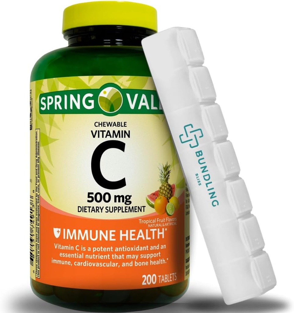 Vitamin C 500mg, Chewable Tablets, Dietary Supplement, 200 Count (Inkluderar Bonus Pill Organizer) - 1 Pack