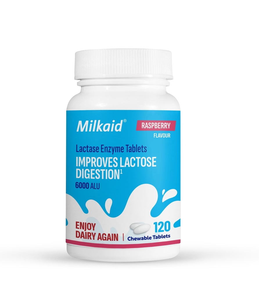 Milkaid Lactase Enzyme Chewable Tablets for Lactose Intolerance Relief | Förhindrar Gas, Bloating & Diarrhea | Fast Acting Dairy Digestive Supplement (120 tabletter, Raspberry)
