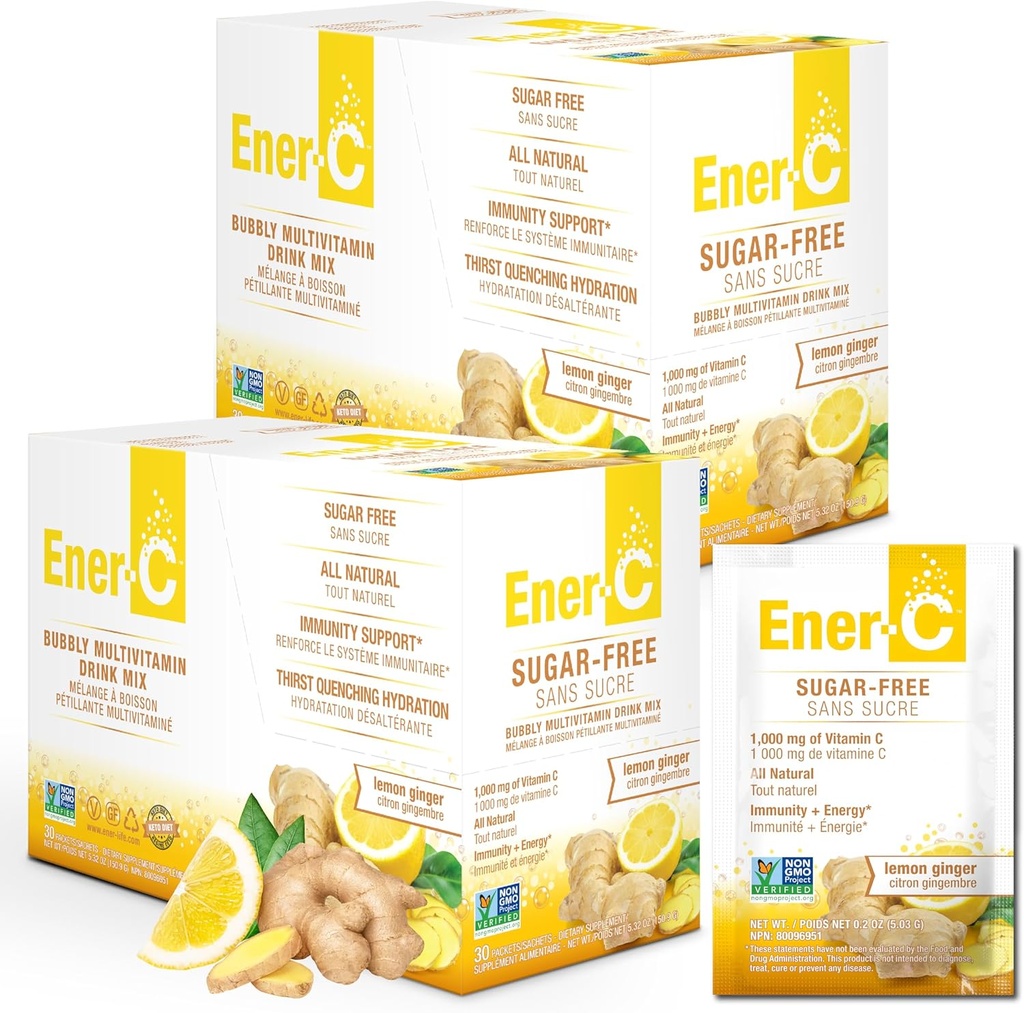 Ener-C Sugar Free Energy Lemon Ginger Multivitamin Drink Mix Vitamin C 1000mg & Electrolytes - Natural Immunity Support med riktiga fruktjuicepulver - Non-GMO Vegan & Gluten Free - 60 Count