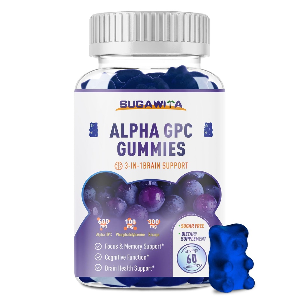 Alpha GPC Choline Gummies 600mg med Phosphatidylserine & Bacopa - 3-i-1 Brain Support för minne, fokus och långsiktig kognitiv hälsa - Sugarfri, naturlig formel, 60 Count