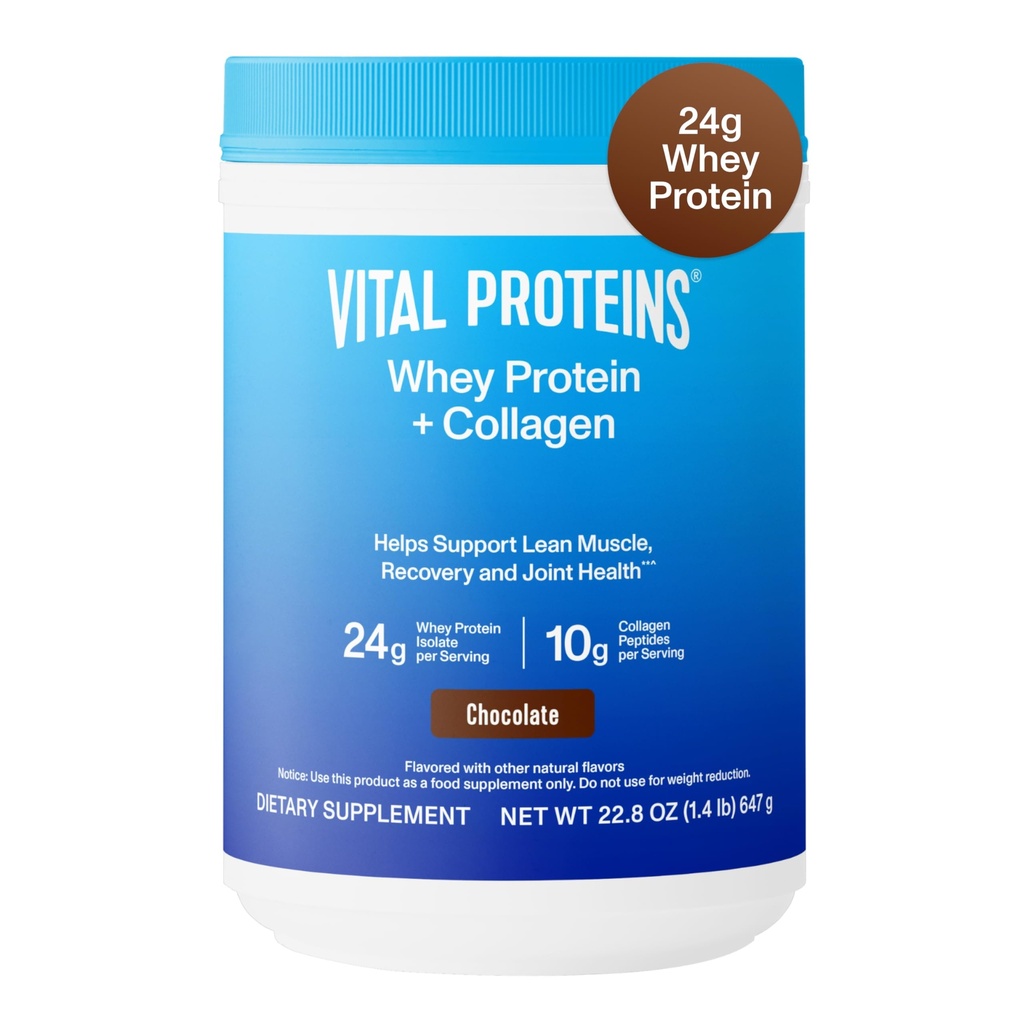 Vital Proteins Whey Protein Powder + Collagen Peptides, 24g Protein Supporting Recovery & Joint Health, med vitamin C, cirka 16 portioner - Choklad 22.8oz