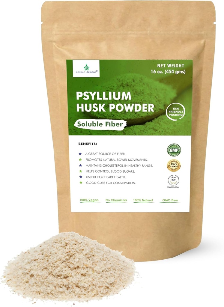 Kosmiskt element 100% Pure Psyllium Husk Powder Organic - Finely Ground Fiber Supplement för Regularity & Keto | Psyllium Husk Pulver för Baking och Gluten-Free Bröd - 16 uns