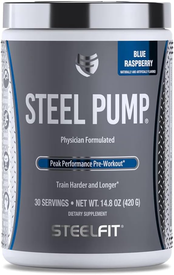 SteelFit Steel Pump | Avancerad Pre Workout Powder & Nitric Oxide Supplement | Blue Raspberry, 30 Servings | för Muscle Building & Recovery | Tillverkad med Peak ATP, Ashwagandha, & Electrolytes