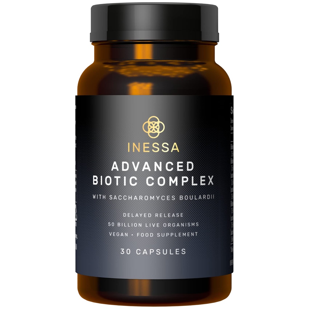 Inessa Advanced Biotic Complex - 50 miljarder CFU Probiotics för kvinnor Digestive, Gut Health med fördröjd frisättning - 7 Strain Dairy Soy Gluten Free Probiotic Supplement - 30 Vegan kapslar för män och kvinnor