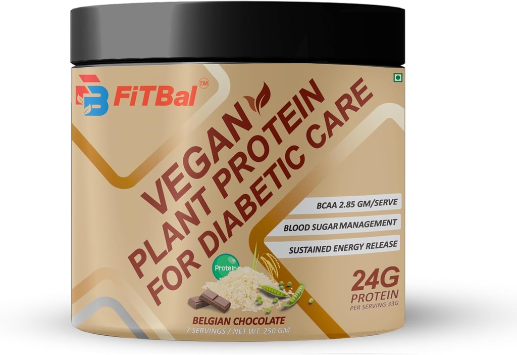 Belgisk choklad Vegan växtproteinpulver för diabetesvård 250 Gram (7 portioner) Servering Quantity-33G 24G Protein Per Servering, Glutamin - 3,32 Gm