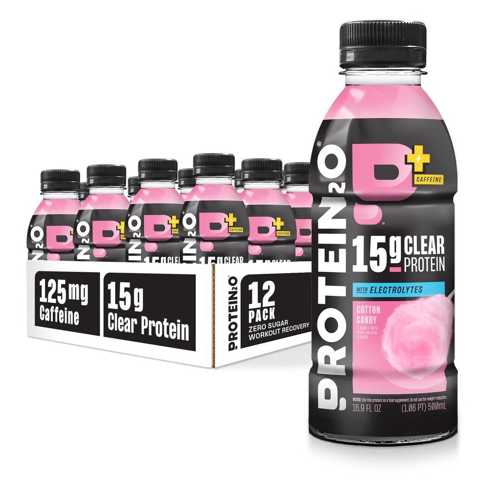 Protein2o 15g Whey Protein Isolate Hydration Drink Plus Energy & Focus, 350mg Electrolytes, Vitamins B5 & B6, Sugar Free, Cotton Candy, 16,9 oz Bottle (Pack of 12)