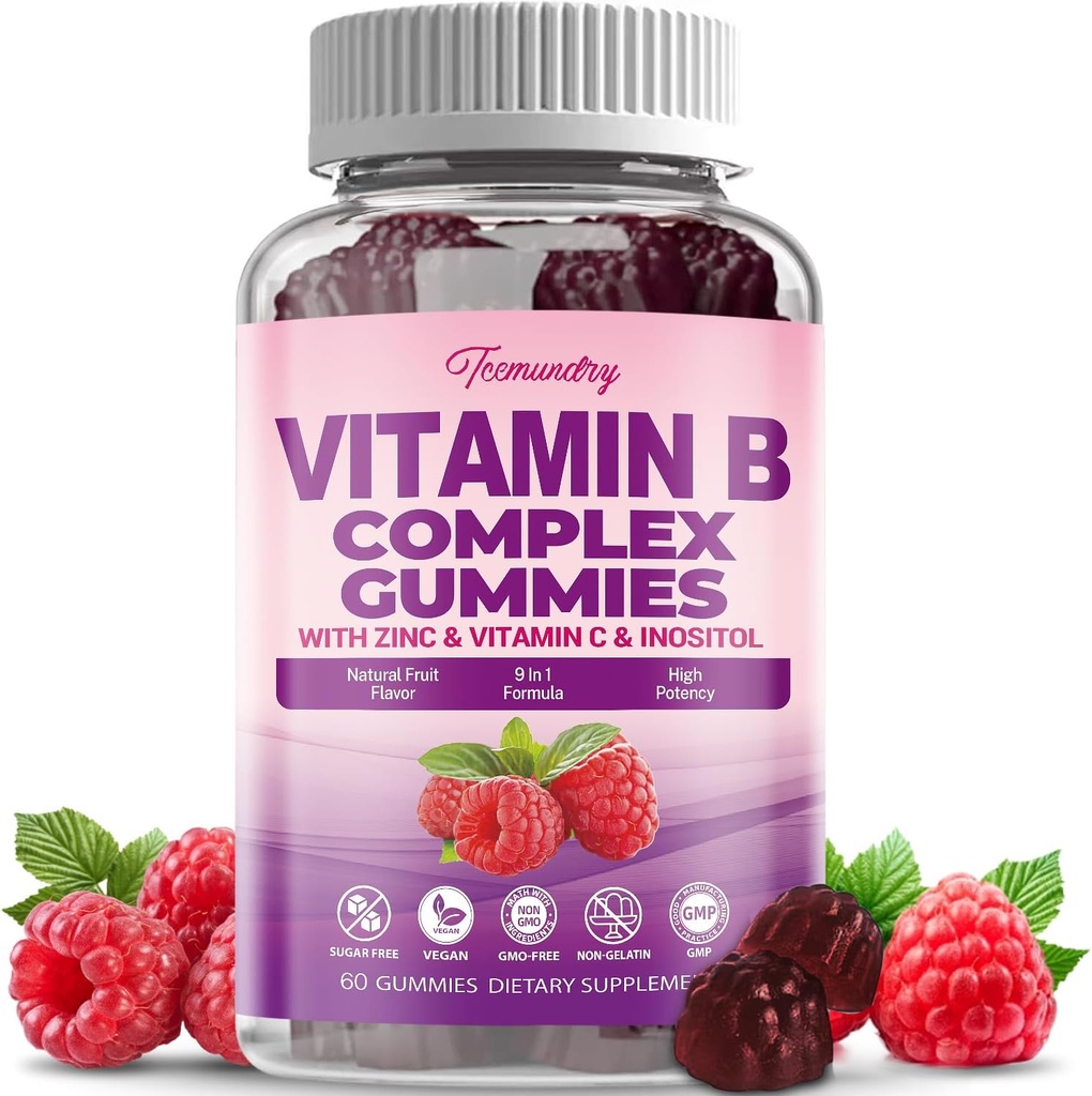 Sugar-Free Vitamin B Komplex Gummies för kvinnor - Vegan b Vitamins Komplex med Methyl B12, Methyl Folate - Plus Vitamin C, Zink, Inositol - Stöder energi, Immune, Hälsosamt hår, Hud (60 greve)