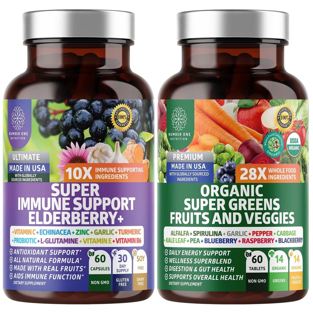 N1N Premium Organic Super Fruits & Veggies + Immune Support [38 Kraftfulla ingredienser], Natural Super Greens Supplement med Alfalfa, Vitaminer & Minerals, Zink, Turmeric och Probiotic, 120 Caps