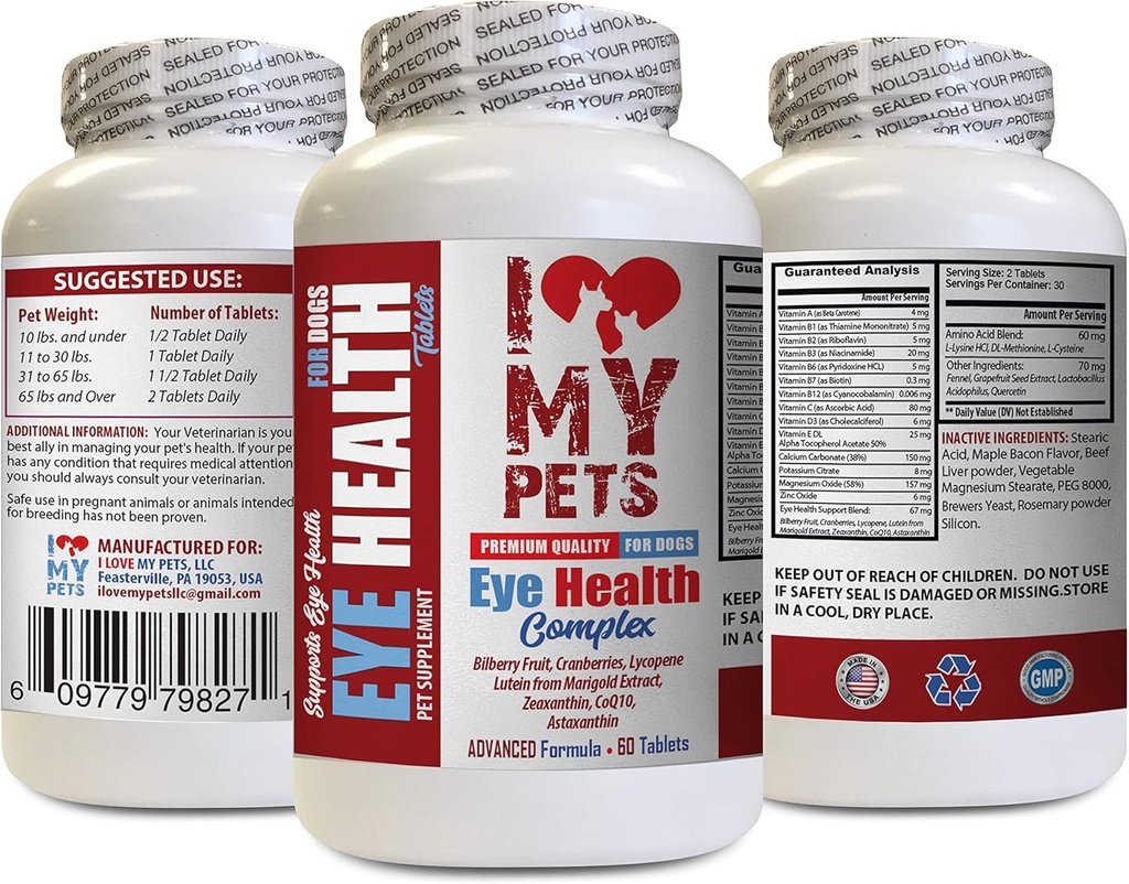 Jag älskar MIN PETS LLC Dog Eye Supplement - Hund Eye Health Complex - Premium Formel - Vet Rekommenderad - Dog Lutein - 1 flaska (60 Behandlingar)
