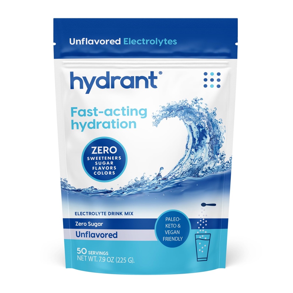 Hydrant - Bulk Hydration Powder, Unflavored, 50 Servings Fast Acting Electrolyte Rehydration Powder - Zero Sugar Flavorless Drink Mix för daglig användning, Travel & Workouts