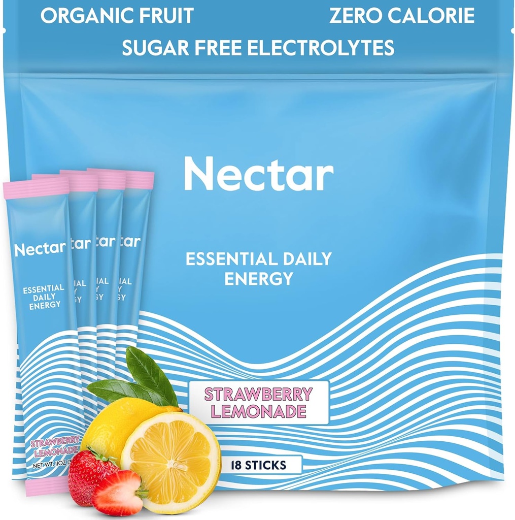 Nectar Energy Booster - Organisk koffein, B12 & Electrolytes - Sugar Free & Zero Calorie - Hälsosam kaffe, energidryck & Soda Alternativ - Hydration & Energy Supplement (Straw. Lemonade 18 Packets)