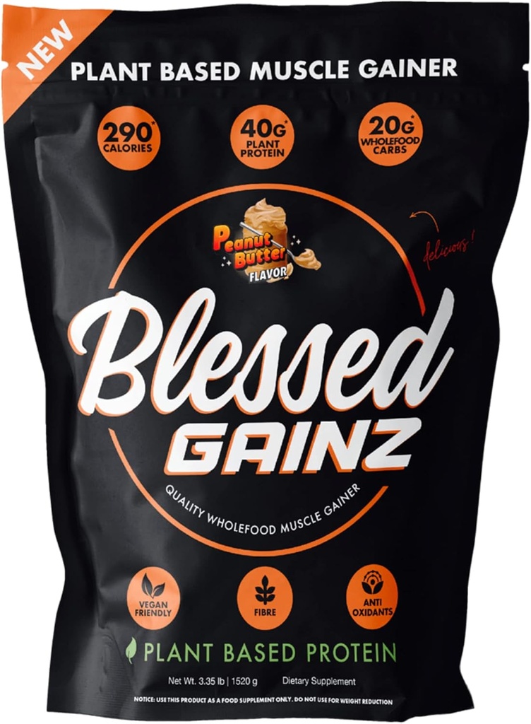 BLESSED Gainz Vegan Protein Powder Mass Gainer - 40g Plant Based Protein Powder - Meal Replacement Shake med Pea Protein Powder - Vegan Protein Shake - 40 portioner (Peanut Butter)