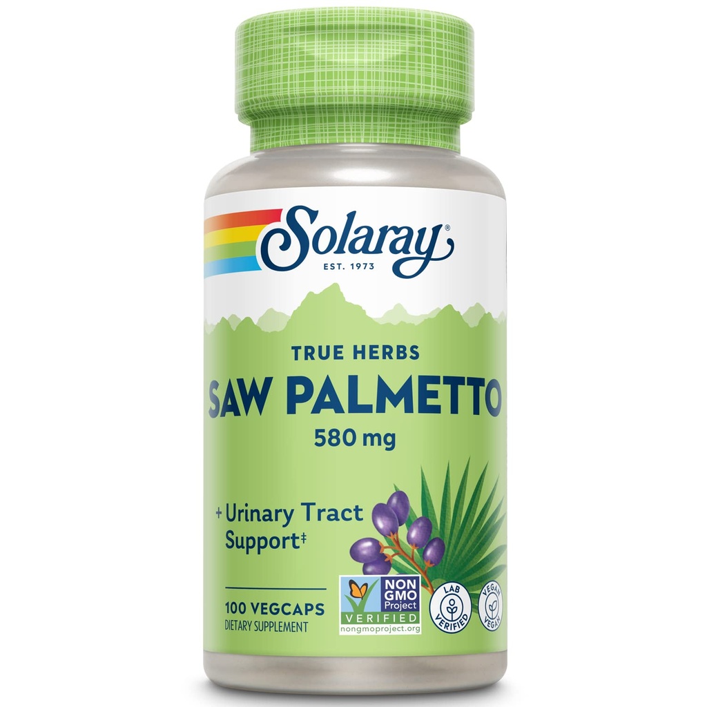 SOLARAY Saw Palmetto Berry 580 mg, hälsosam prostata och urinvägsstöd från fettsyror och växtsteroler för män och kvinnor, icke-GMO, Vegan & Lab Verified, 100 VegCaps, 100 portioner