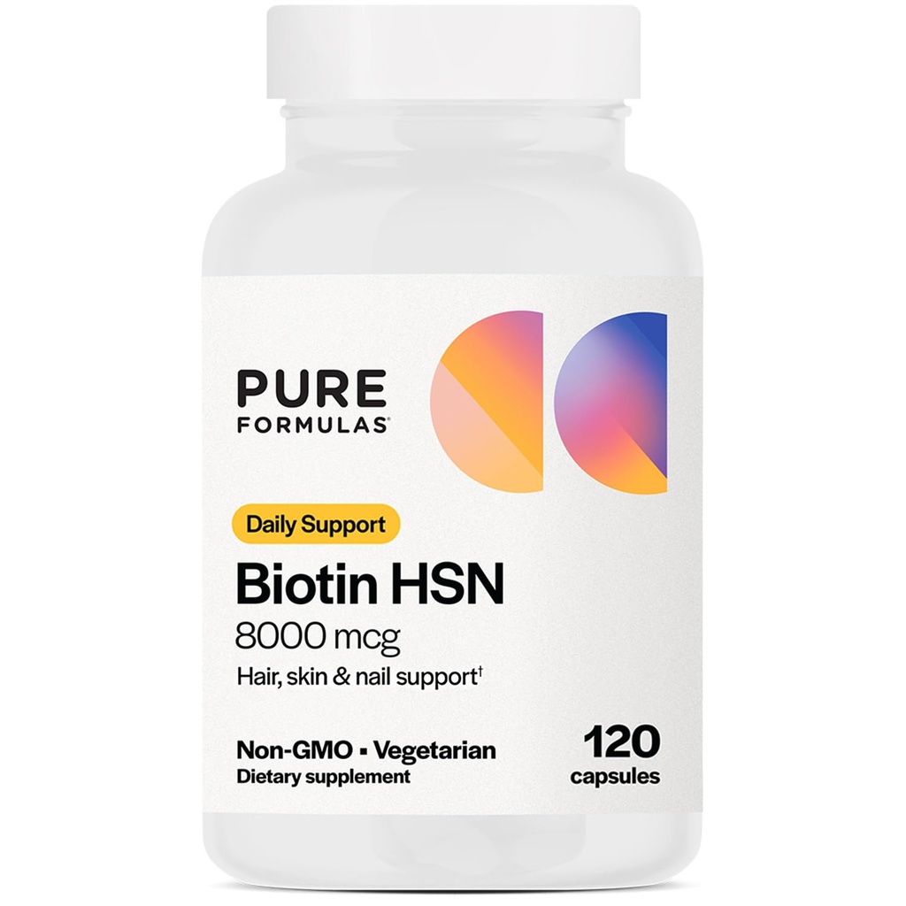 PureFormulas Biotin 8000 mcg Hair Skin Nails Biotin Supplement Biotina, Biotin Hair Growth Vitamins B7 Supplement for Women & Men 120 Capsules
