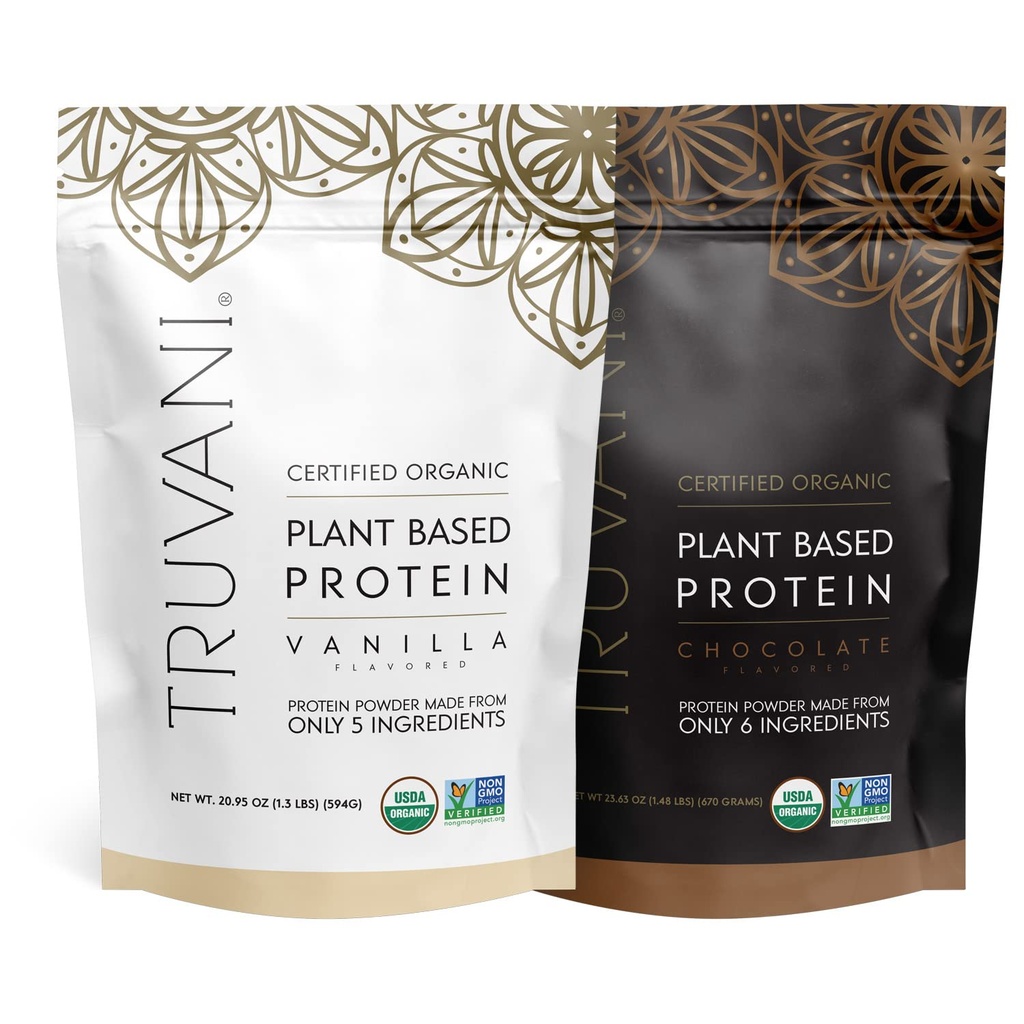 Truvani Plant Based Protein Powder - USDA Certified Organic, Vegan, Non-GMO, Dairy Free, Soy Free, & Gluten Free - 2 Packs of 20 Servings Varje (Chocolate & Vanilla)