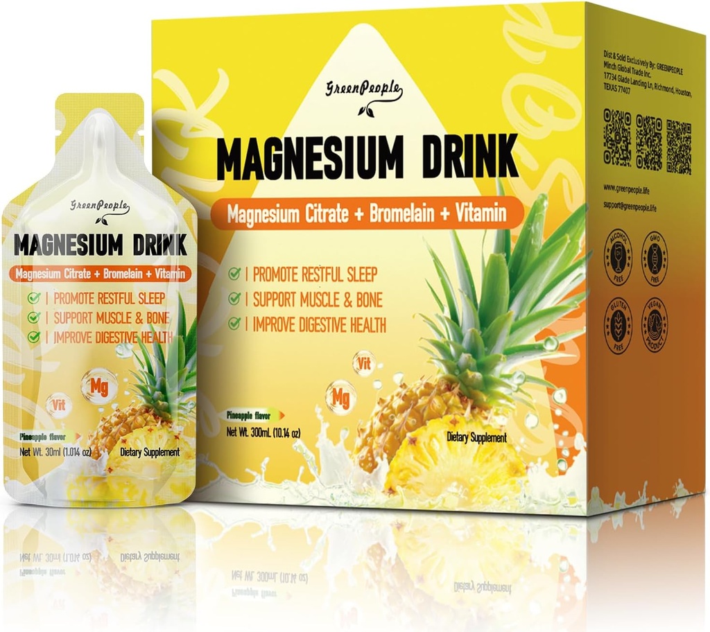 GREENPEOPLE 7-i-1 Magnesium Citrate Liquid, Magnesium Citrate Supplements Drink med 280mg Magnesium, Zink, Bromelain, Vitamin C D3 B6, Muscle & Sleep Support för barn och vuxna, 1 fl.Oz (10Pcs)