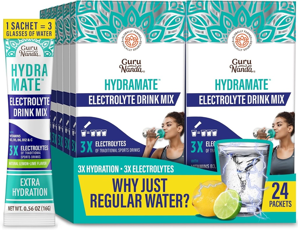GuruNanda Hydramate Hydration Support Drink Mix - Electrolyte Powder Packets för uttorkning, träning och energi - Inga tillsatta sötningsmedel, icke-GMO, Natural Lemon Lime Flavor - 24 Count (0,56 uns vardera)