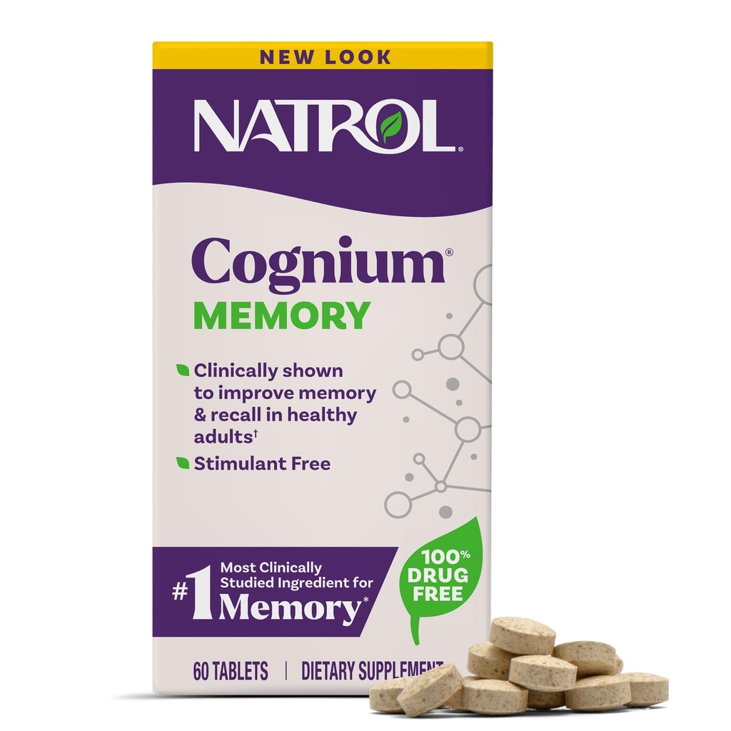 Natrol Cognium Memory, Hjärnhälsotillskott för vuxna, kosttillskott för hjärnhälsa och kliniskt visade för att förbättra minne och återkallelse hos friska vuxna, 60 tabletter, upp till 30 dagars leverans