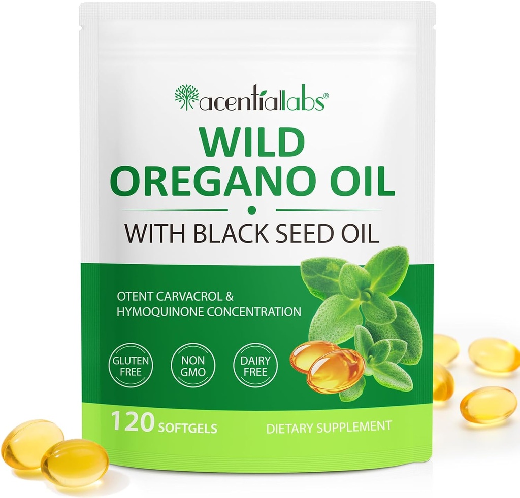 Olja av Oregano Softgels, 120 greve Oregano Oil Supplement Capsules, 2 i 1 6000mg Oil Oregano med Black Seed Oil 200mg, Organic Oregano Oil Extract, Non-GMO, Gluten Free
