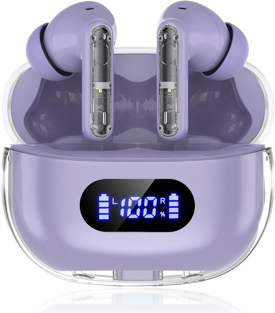 Lila trådlösa öronproppar P1 PRO, hörlurar trådlösa Bluetooth hörlurar med Clear Call Mics Ear Buds, Comfortable Fit, IPX7 Waterproof Long Battery Life, 30H Playtime för sport träning