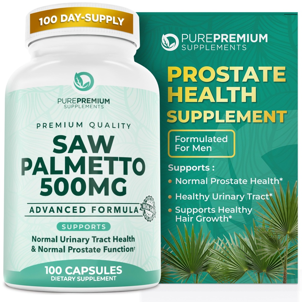 PurePremium Saw Palmetto 500 mg för Män / Kvinnor - Maximal styrka Saw Palmetto Extract | Pulverkapslar Supplement - Stöd Normal Urinary Tract, Prostate Health / Hair - 3 månader Supply - 100 Tabletter