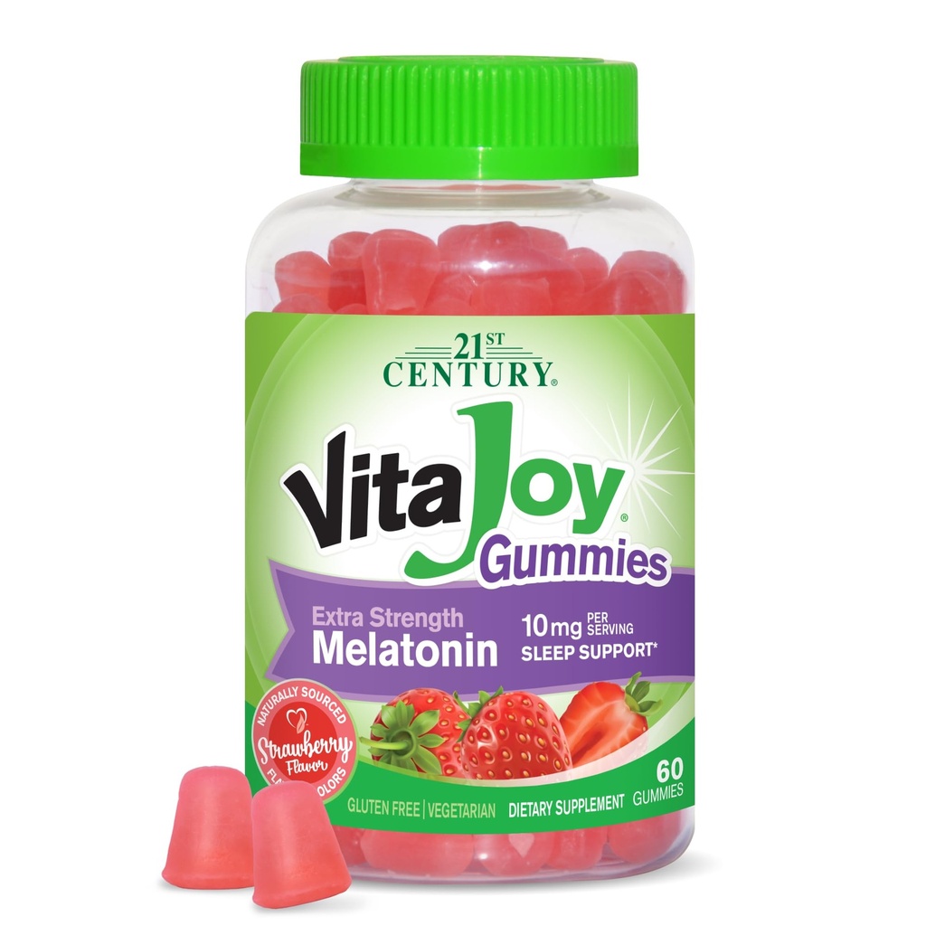 21st Century Healthcare VitaJoy Extra Strength Melatonin 10 mg Gummies, Strawberry, 60 Count, Red, 0,43 pounds, (Pack of 1)