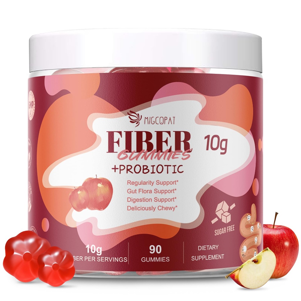 Fiber Gummies med Probiotics,10G Fiber per servering No Sugar Added Apple Flavor, med 10 miljarder CFU Probiotics Blend, Apple Cider Vinegar, Vitamin C, Inulin, Bloating Support 90 Count