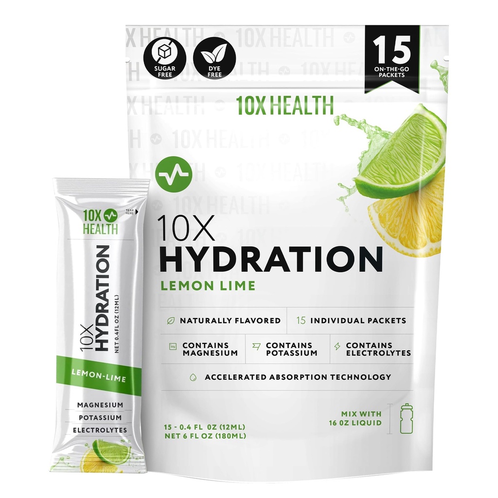 10X Health Hydration Packets Lemon Lime Electrolyte Drink Mix Liquid 15 Stickpacks med Magnesium Citrate, Natrium & Kalium - Naturlig smaksatt Electrolyte