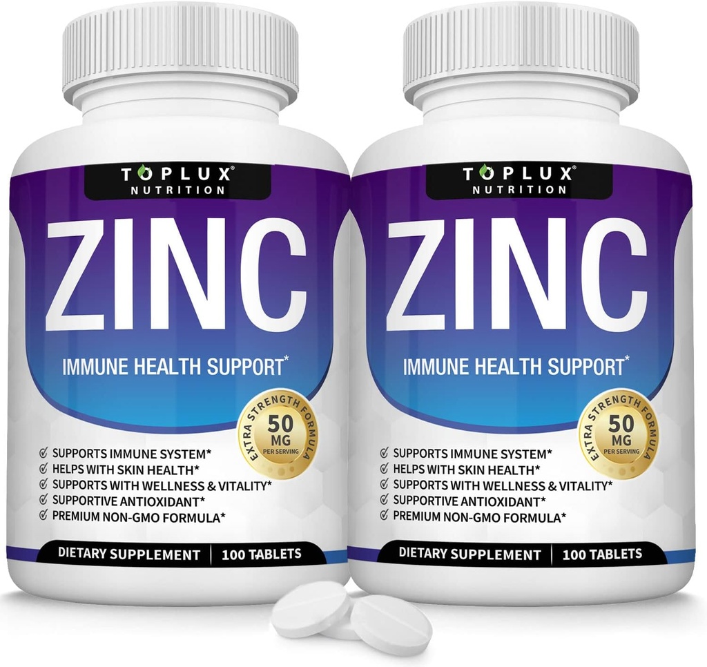 Zink Supplement 50mg för immunstöd - ren naturlig zinkoxid för att öka immunsystemet, hud och antioxidantstöd, hög styrka immunitetsbooster, för män kvinnor, 100 tabletter