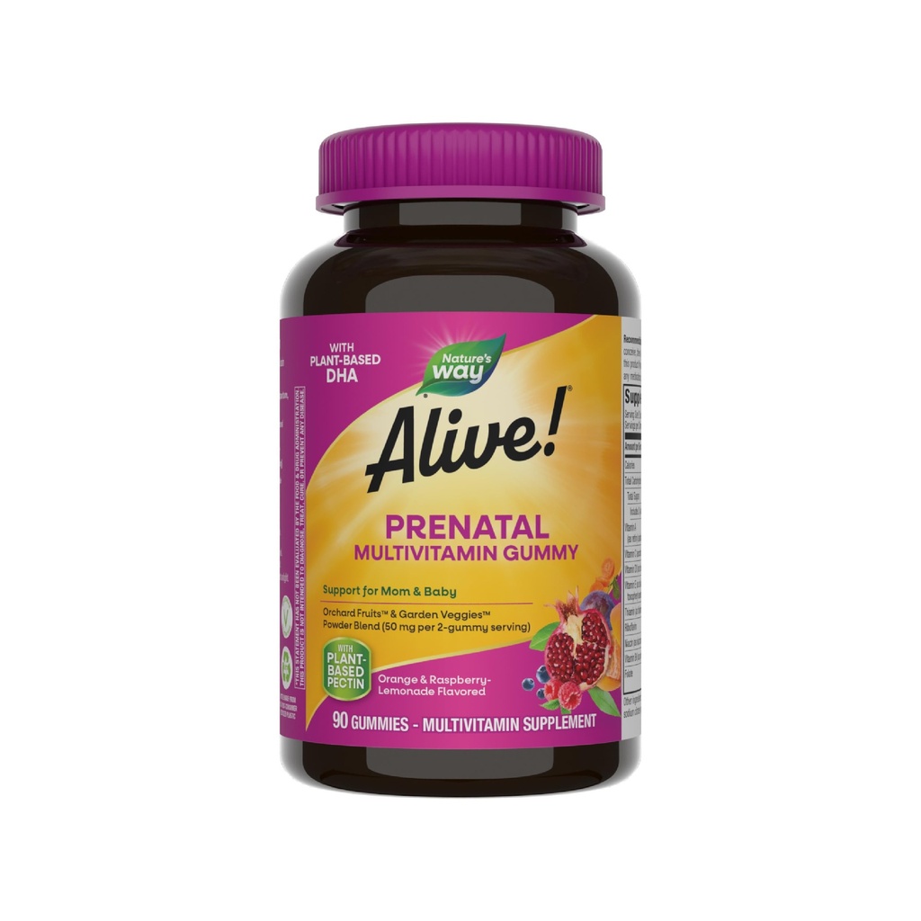 Naturens väg levande! Prenatal Multivitamin, Plant-Based DHA för Baby's Healthy Brain & Eye Development *, Vegetarian, Orange och Raspberry Lemonade smaksatt, 90 Gummies (Packaging May Vary)
