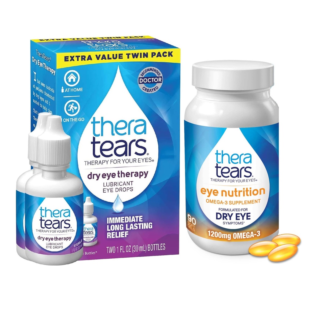 TheraTears 1200mg Omega 3 Supplement for Eye Nutrition och VIT E, 90 Count Eye Drops för torra ögon, Twin Pack, 30mL 1 Fl oz Varje (Packaging May Vary)