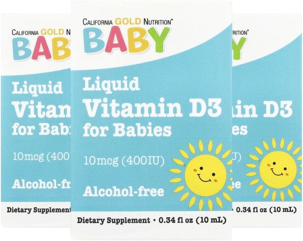 Kalifornien Gold Nutrition Baby Vitamin D3 - Liquid D3 Supplement för spädbarn, vegetariskt vänligt - Utvecklingsstöd - Alkohol & Gluten Free, Non-GMO - 10 mcg (400 IE) - 0,34 fl oz (10 ml), 3