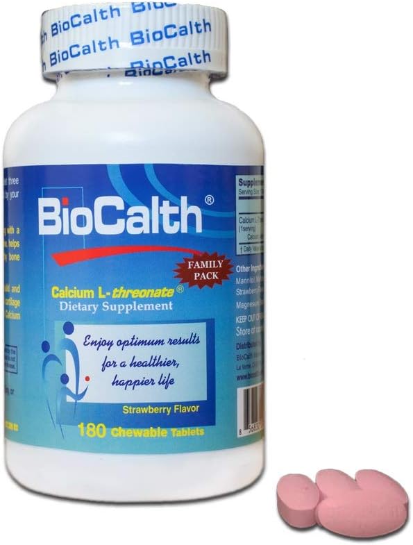 Den enda kalcium med 3 amerikanska patent - BioCalth Calcium L-threonate 180 Chewable Tablets, Family Pack med GREAT VALUE!