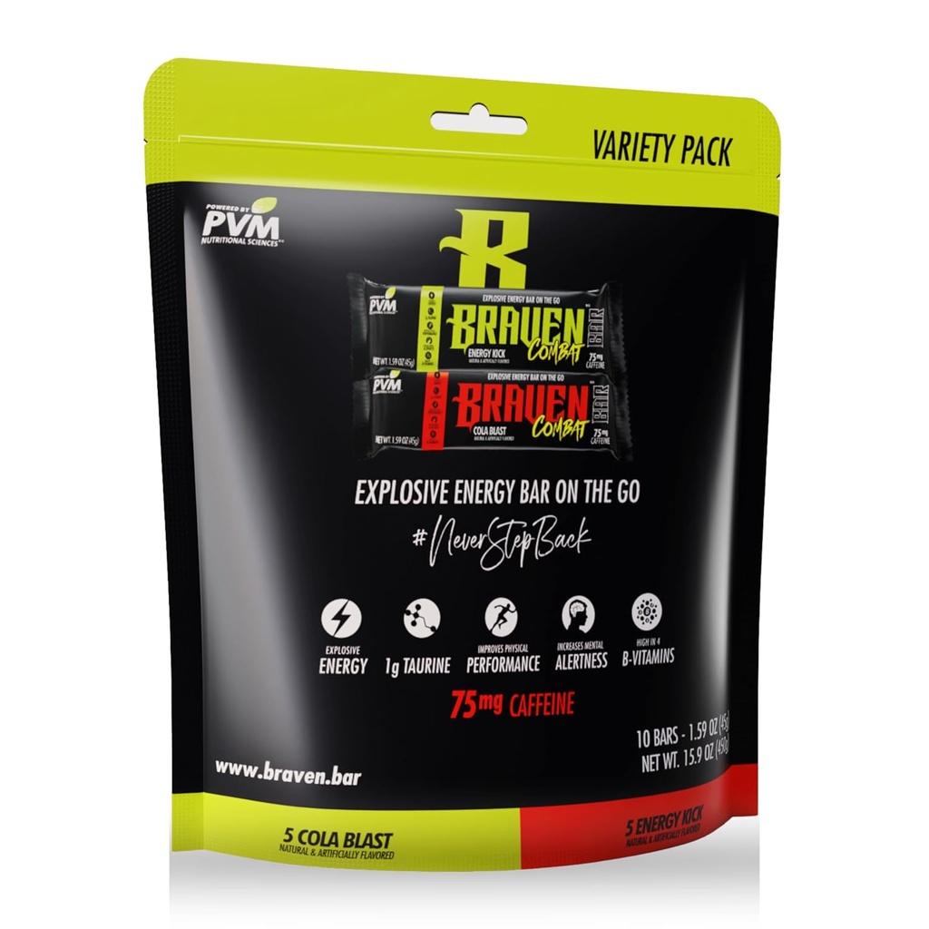 Braven Combat Variety Pack Energy Bars med koffein (1,59 oz, Pack of 10) - On-The-Go Energy Bars med 75mg koffein - Glutenfria snacks