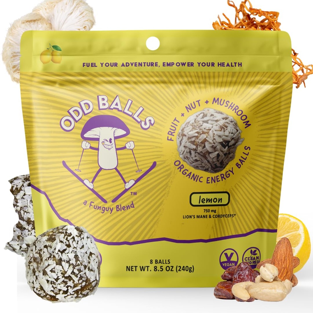 ODD BALLS Organic Energy Balls Lemon - Superfood Mushroom Snack - Running, Cycling, Hiking - Gels, Bars Alternative - Lion's Mane Focus, Cordyceps Energy - Vegan, Gluten Free Snacks för barn & vuxna