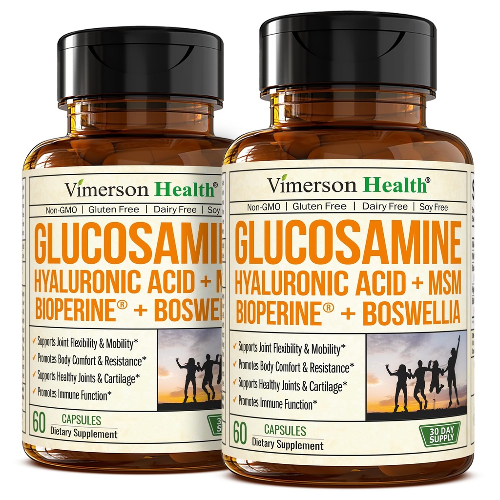 Glukosaminsulfat med Hyaluronsyra, Boswellia, Black Pepper & MSM Supplement - 5-i-1 gemensamma kosttillskott för män och kvinnor - Gemensam hälsa, rörlighet och benstyrka - FSA Eligible 2 Pack