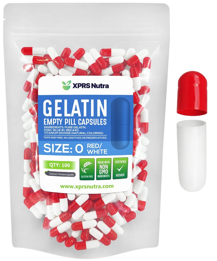 XPRS Nutra Size 0 Empty Capsules - 100 Count Empty Gelatin Capsules - Pill DIY Capsule Fyllning - Pure Bovine Pill Gel Caps for Do-It-Yourself Supplements (Red/White)