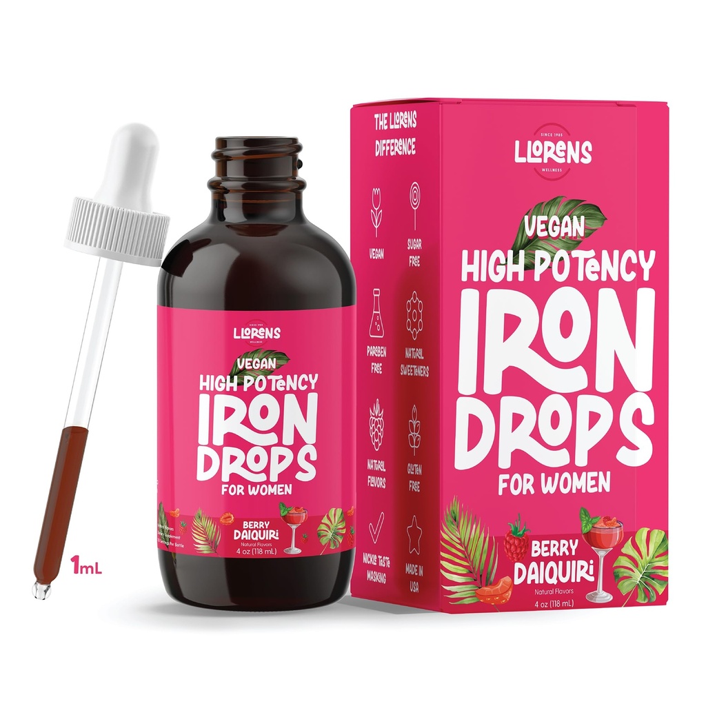 LLORENS PHARMACEUTICAL Iron Supplement for Women Iron Drops Daily Support, 20mg Polysaccharide Complex Free Taste, Natural Sweeteners, Vegan och Paraben Free (Berry Daiquiri, 4 Fl Oz)
