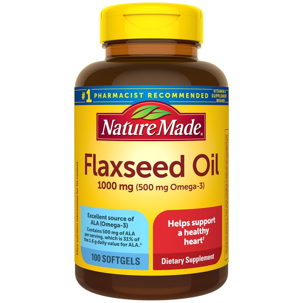 Nature Made Flaxseed Oil 1000 mg, Fish Free Omega 3 Supplement, Kosttillskott för hjärthälsostöd, 100 Softgels, 100 Day Supply