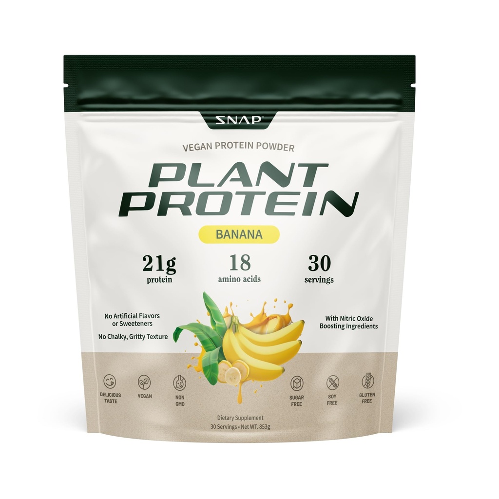 Snap Supplements Organic Plant Based Vegan Protein Powder Nitric Oxide Boosting Protein Powder, BCAA Amino Acid for Muscle Growth, Performance & Recovery - 30 Servings (Banana)